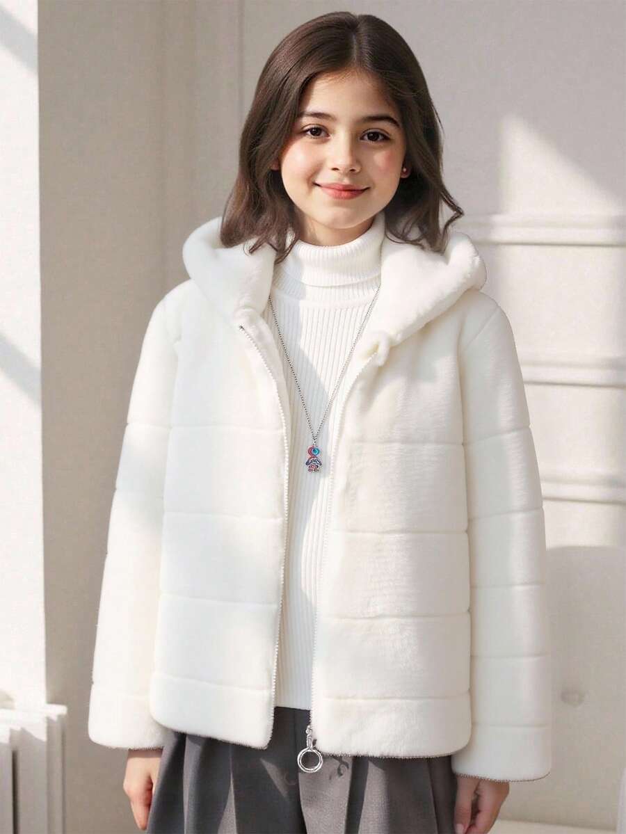 Tween Girl 纯色毛绒连帽休闲百搭夹克,适合日常穿着 - 白色 - 查看 1