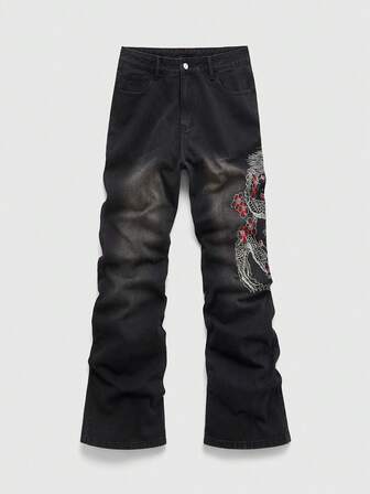 Jeans anchos y sueltos con bolsillo bordado con dragón chino para hombres