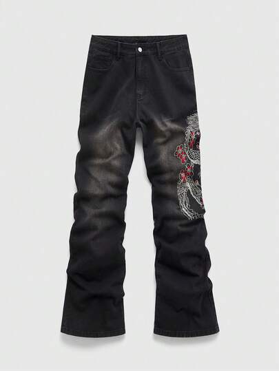 Jeans amples à jambe large avec poche brodée de dragon chinois pour hommes