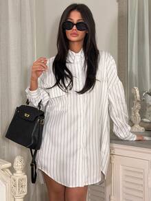 Ronhire Striped Drop Shoulder Loose Shirt Dress With Pockets, Summer Fall Cloth For Women - White - View 1
