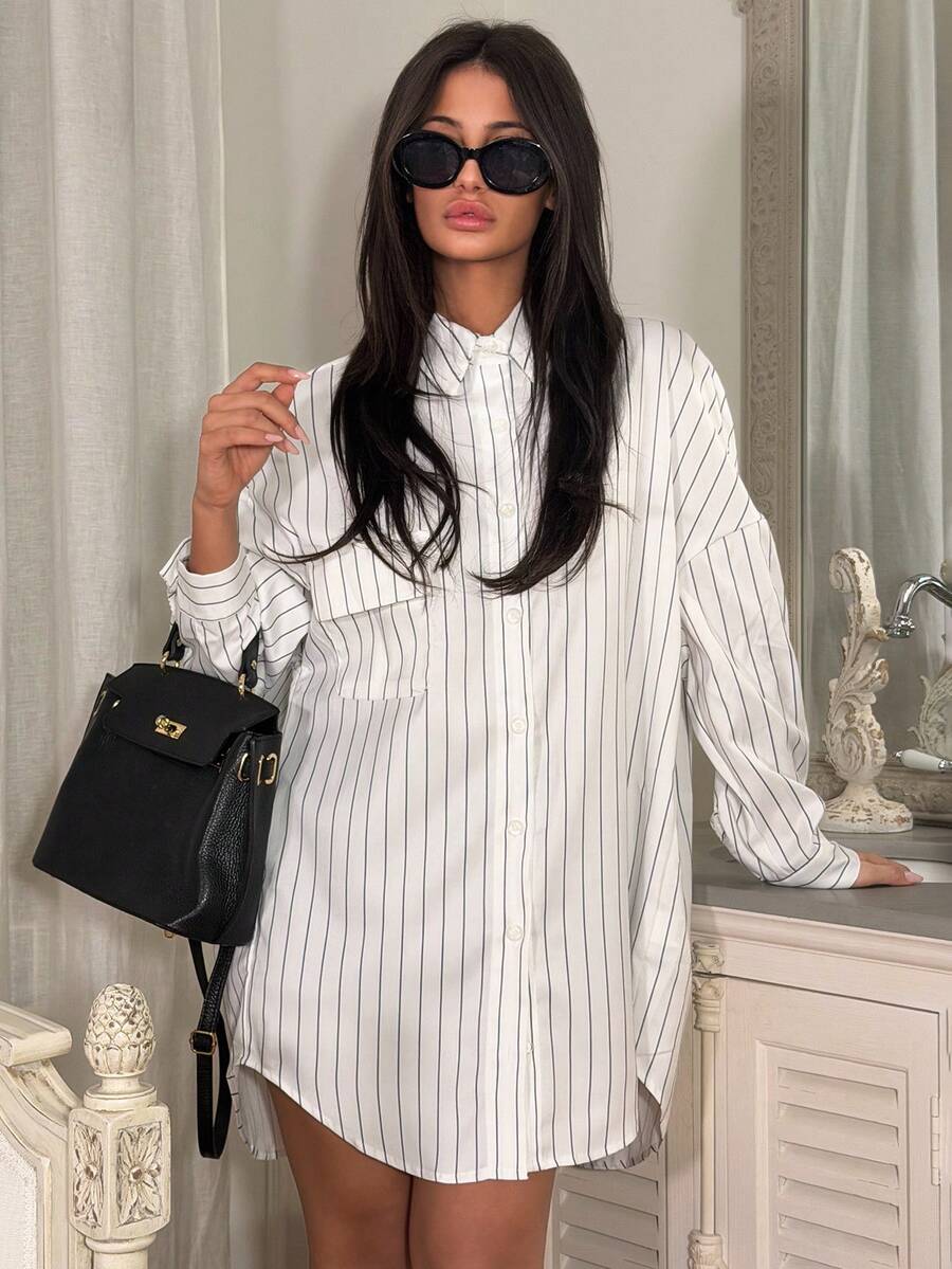 Ronhire Striped Drop Shoulder Loose Shirt Dress With Pockets, Summer Fall Cloth For Women - White - View 1
