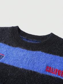 ROMWE MEN Prep 男士休闲条纹字母刺绣圆领毛衣，秋冬季 - 藍色 - 查看 3