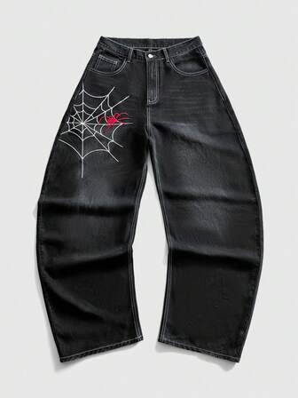 Street Life Jeans ample pour hommes avec motif de broderie de toile d'araignée
