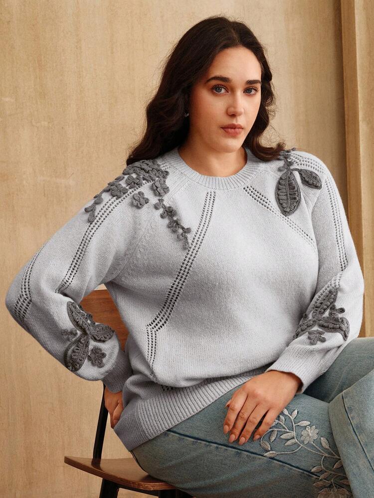 Valentine Women's Solid Color Casual Handmade 3D Floral Embroidered Knit Pullover Sweater, Suitable For Autumn, Winter, Formal, Party, Fashionable Occasions