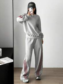 Aidyla Bộ 2 món Áo nỉ có mũ kẻ sọc màu tương phản, Bộ đồ thể thao phong cách đường phố thời trang dành cho nữ Bộ đồ hai mảnh thoải mái dành cho nữ Bộ đồ hai mảnh dành cho nữ Bộ đồ mặc nhà thoải mái dành cho nữ Bộ đồ thường ngày thoải mái dành cho nữ - Màu Xám nhạt - Xem 3