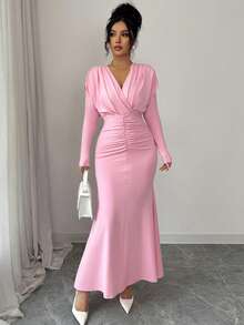 SHEIN Elenzya Elegant Romantic Vacation & Commute Pleated V-Neck Mermaid Dress - Pink - View 1