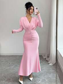 SHEIN Elenzya Elegant Romantic Vacation & Commute Pleated V-Neck Mermaid Dress - Pink - View 4