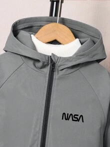 SHEIN Set de 2 piezas de chaqueta con capucha casual y cómoda con bolsillos y pantalones jogger de unicolor para niños pequeños, adecuado para salidas, escuela, reuniones diarias, otoño/invierno - Gris - Ver 6