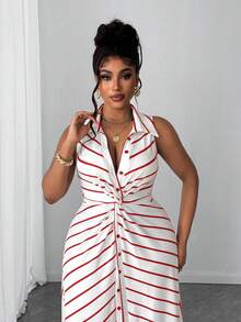 Maweii 大码女式休闲条纹针织扭结设计连衣裙 - 彩色 - 查看 4