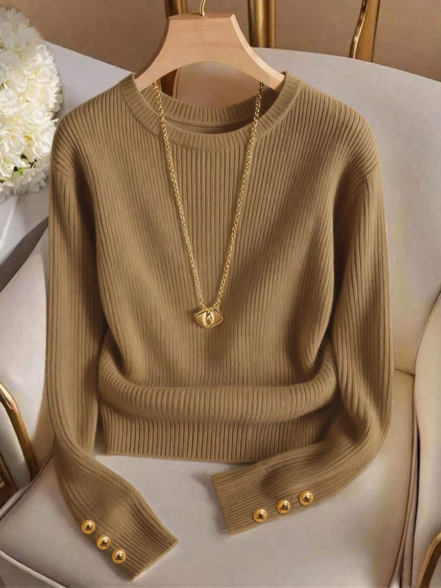 Franclia 优雅圆领针织T恤，简约时尚针织上衣，秋冬款 - 棕色 - 查看 1