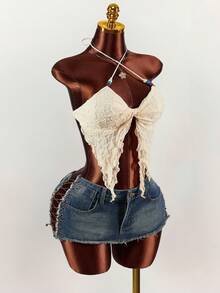 Amplova Y2K Sexy  Women's Y2K Twist Design Open Hem Sexy Criss-Cross Halter Neck Camisole White Top Elegant Dress Women Summer Outfits Casual Blouses For Women Cross-Color Beaded Vacation-Style Semi-Sheer Double-Layered Hem With Lace Twisted Fitted Textured Striped Mini Top - Apricot - View 5