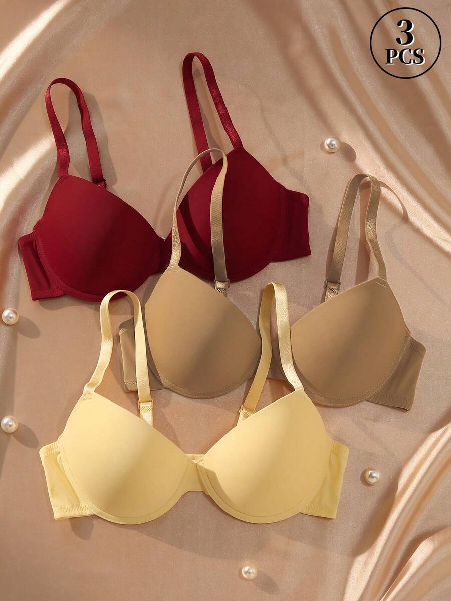 3pcs Women's Simple Solid Color Underwire Push-Up Bras - Multicolor - View 1