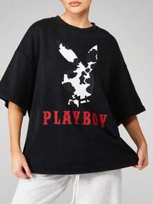 Missguided x Playboy Oversized Washed Graphic Tee With Logo Print Crew Neck Short Sleeve Cotton Streetwear T-Shirt For Casual Daily Wear Fall Winter - Black - View 4