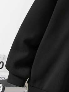 SHEIN 两件套男童休闲学院风蓝色字母印花连帽卫衣和直筒抽绳裤套装，适合上学、居家、日常穿着、运动，百搭简约 - 黑色 - 查看 4