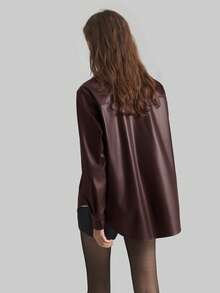 Ontre Women's Solid Color Long Sleeve PU Leather Single-Breasted Casual Shirt Coat, Long Sleeve Coat, Urban Commute Business Casual, Elegant Attire For Office, Thanksgiving, Christmas, New Year, Wedding Guest - Brown - View 10