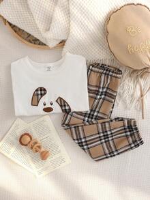 SHEIN 男婴休闲宽松圆领可爱卡通小狗印花长袖针织卫衣+宽松格子裤两件套，秋冬款 - 黑色 - 查看 3