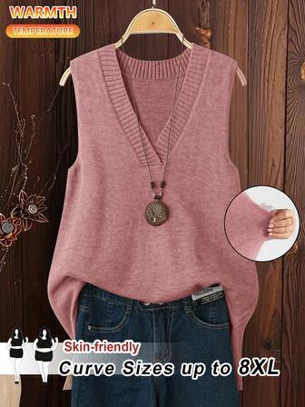 SHEIN CURVE+ Plus Size Women's Lotus Root Pink Color V-Neck Side Seam High-Low Loose Knit Casual Comfortable Sweater Vest For Autumn And Winter/2026 /New Year