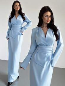 Firerie 女士优雅通勤时尚日常通勤不对称腰长袖衬衫和长裙套装，西装外套式裙套装，蓝色通勤套装，复古风格套装，教师工作制服西装外套式套装，春秋冬装，优雅，通勤，办公室，日常，简约，工作服 - 藍色 - 查看 3