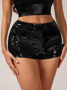 SHEIN Tall 女士夏季时尚性感纯色低腰PU皮革Y2K红色迷你短裤 - 黑色 - 查看 5