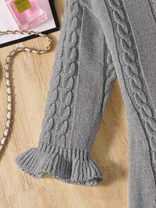 SHEIN 1pc Girls Sweater Dress, Sweet Style, Classic Cable Knit, Round Neck, Frill Trim On Sleeves And Hem, Waist Cinched, White Elegant Knit Dress, Suitable For Outings, Home, And Casual Wear, Spring/Autumn - Grey - View 5