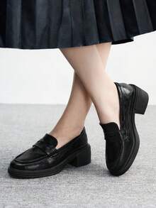 CUCCOO BIZCHIC 1双女士套脚圆头粗跟乐福鞋，黑色，PU材质，适合派对、日常穿着、晚礼服，增高显腿长 - 黑色 - 查看 7