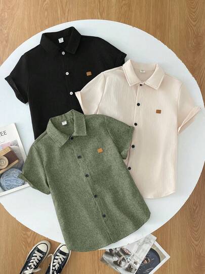 3pcs Tween Boy Loose Casual Versatile Mandarin Collar Patch Woven Short Sleeve Shirt Set, Suitable For School, Gatherings, Parties, And Outings