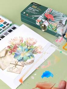 50/100/128/168色固体水彩颜料套装，便携式金属盒，绘画颜料套装，适用于绘画、户外写生、美术爱好，包含金属色和荧光色，返校季必备，学习用品 - 固體水彩顏料套裝 - 查看 3