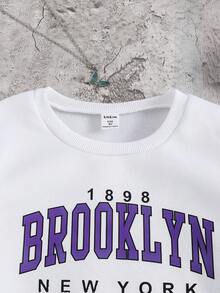 SHEIN Tween Girl Letter Printed Round Neck Fleece Sweatshirt And Sweatpants Set - Purple - View 4