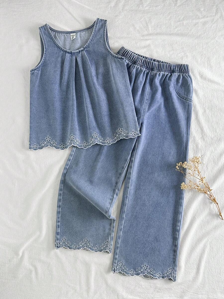 Vintaside Kids Girls Sleeveless Denim Style Round Neck Tank Top And Pants 2-Piece Set, Slim Fit, Suitable For Outings, School, Gatherings, Parties, And Casual Daily Wear