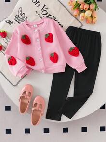2pcs/Set Young Girls Spring/Autumn Pink Long Sleeve Cardigan With 3D Strawberry Knit Jacket And Black Knit Pants, Fashion Casual Sweet Toddler Daily Outfit - Pink - View 1