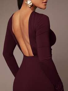 Silquee Women's Basic Slip Dress, Sexy Open Back, Waist Ruched, Skin-Friendly, Long Sleeve, Floor-Length - Maroon - View 6