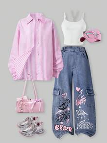 SHEIN ChillGRL Tween Girl 条纹印花长袖衬衫 + 白色吊带背心 + 字母印花阔腿牛仔裤 3 件套 - 彩色 - 查看 1