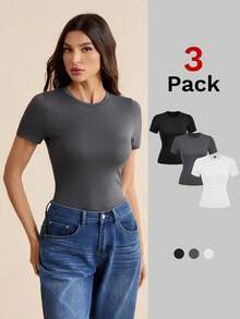 SHEIN Tall 3件套女士休闲圆领修身长袖T恤套装，适合春夏穿着 - 彩色 - 查看 13