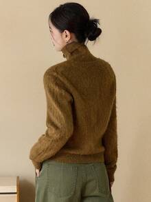 Dazy-Less Bộ 2 áo len cardigan dệt kim dài tay màu trơn và áo len cổ lọ không tay cho nữ, mùa thu/đông - Cà phê nâu - Xem 2