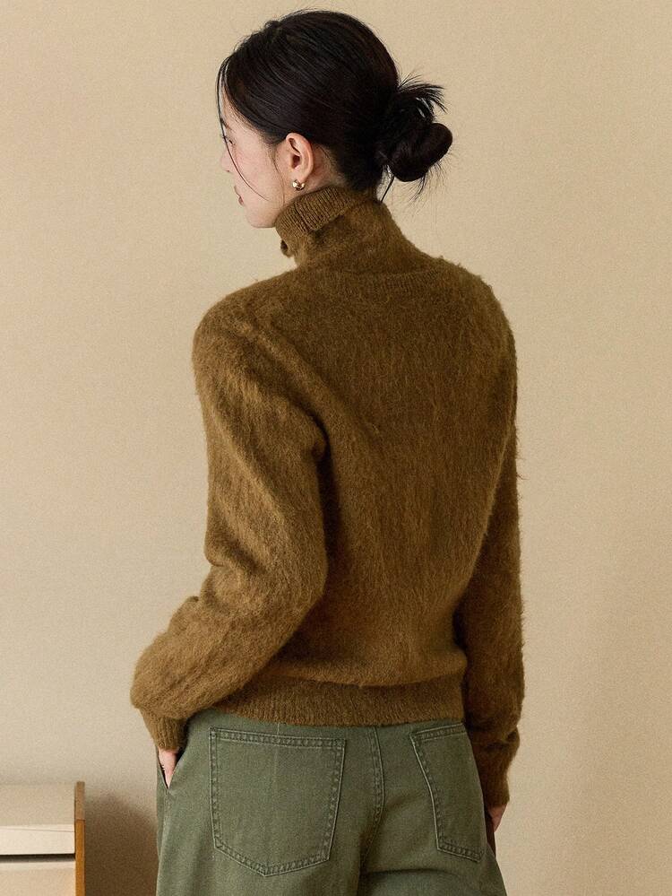 2pcs Women Solid Color Long Sleeve Knitted Cardigan And Sleeveless Turtleneck Sweater Set, Autumn/Winter