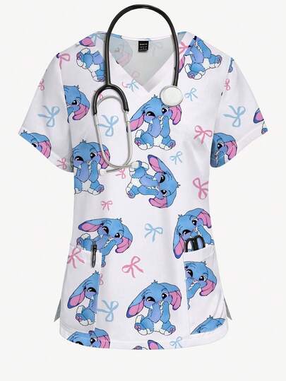PopScrub Cute Rabbit Cartoon All-Over Print V-Neck Short Sleeve Women's Fashion Uniform Top, Cartoon Shirts Women Nurse Scrubs, Cute Shirts Women Scrub Tops For Women