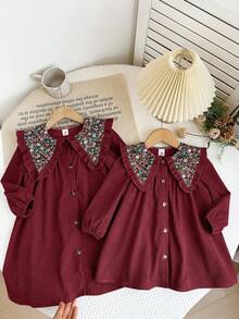 LMoss Kids Young Girl Woven Solid Color Patchwork Ditsy Floral Peter Pan Collar Casual Dress - Burgundy - View 6
