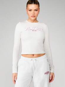 Missguided x Playboy 修身长袖圆领印花露脐上衣，饰有知名品牌标志文字印花 - 淺灰色 - 查看 1