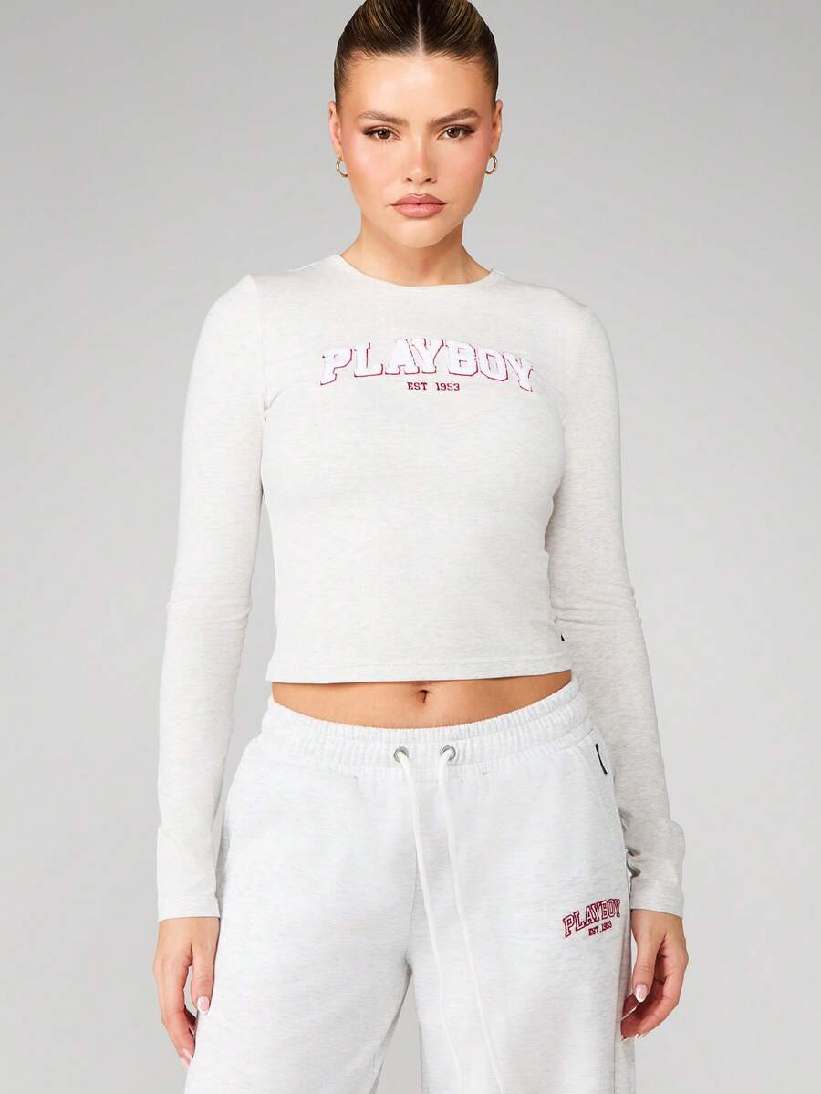 Missguided x Playboy 修身长袖圆领印花露脐上衣，饰有知名品牌标志文字印花 - 淺灰色 - 查看 1