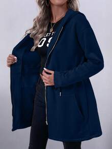 SHEIN LUNE Women's Casual Vacation Drawstring Pocket Hooded Sweatshirt Lightweight Long Jacket Zip Up Hoodie Women Blue Jacket Navy Blue Set 2 Piece Casual Sets Woman Blue For Women - Navy Blue - View 7