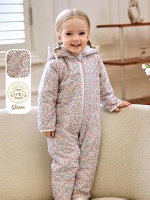 Souflis Souflis 法式复古2025秋冬新款甜美碎花长袖加厚保暖内衬连帽连体裤，适合外出聚会等场合 - 淺粉色 - 查看 1