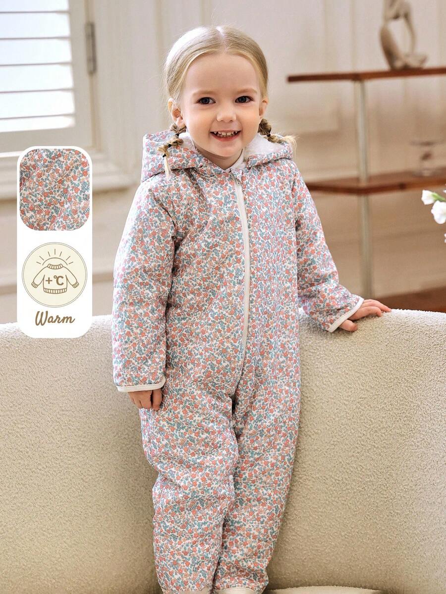 Souflis Souflis 法式复古2025秋冬新款甜美碎花长袖加厚保暖内衬连帽连体裤，适合外出聚会等场合 - 淺粉色 - 查看 1