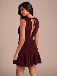 Enchnt Spring/Summer  Romantic Women's Red Deep V Neck Ruffle Hem Sexy Sleeveless Mini Dress,Chic&Elegant For Fashion Party&Birthday&Valentine's Day ,Sexy Dress,Red Dress,Spring Outfit Women, Spring Dress, Summer Dress - Burgundy - View 4