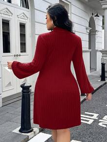SHEIN EZwear Plus Size Women's Mandarin Collar Lantern Sleeve Ribbed Casual Wine Red Dress Autumn/Winter,Christmas,New Year,Thanksgiving,Party,Wedding,Beach,Graduati,Chic,Elegant,Casual,Going Out,Date,Appointment,Commute Sweater Dress Red Long Sleeve Dress Ribbed Dress Winter Dress Red Casual Dress