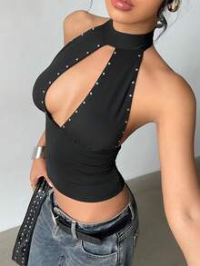 Aloruh Women's Y2K Black Studded Knit Camisole - Black - View 1