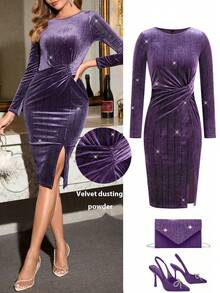 SHEIN Amorya 女士优雅圆领收腰开衩中长连衣裙，修身剪裁，适合派对、聚会等多种场合，秋冬季 - 紫色 - 查看 2