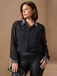 Chikora Plus Size Satin Poplin Button-Up Shirt,Office Fall - Black - View 6