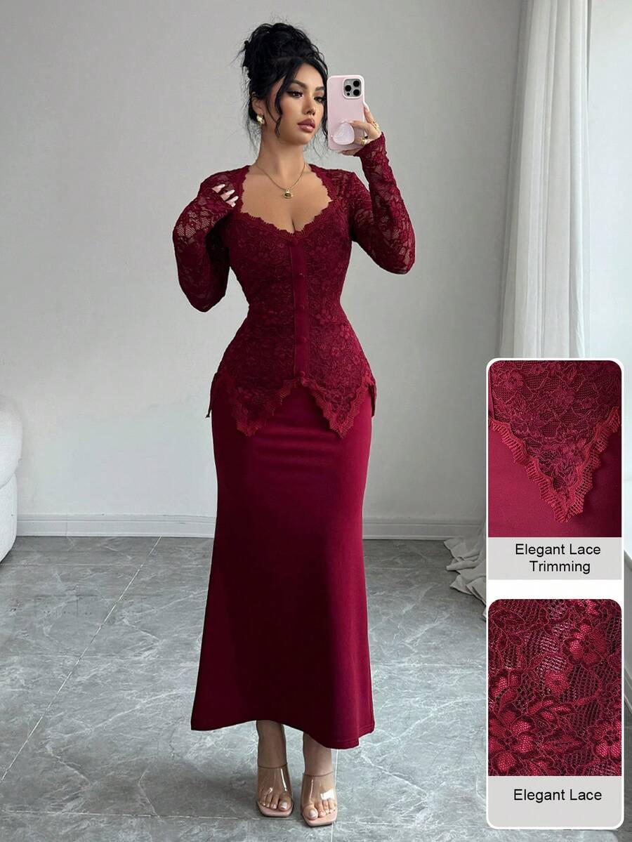 Modelyn Square Neck Lace Patchwork Button Waist Bodycon Midi Dress For Women - Burgundy - View 1