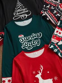 6 Piece Christmas Reindeer Snowflake Christmas Tree Letter Print Pajamas Crew Neck Long Sleeve And Pants Set Christmas Day Christmas Gifts Christmas Pajamas For Boy And Girl Kids Christmas Pjs - Multicolor - View 4