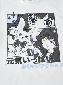 SHEIN Áo thun cổ tròn tay ngắn in hình hoạt hình cho bé gái tuổi teen kèm quần đùi in hình, Bộ trang phục 2 món, Trang phục biểu diễn - màu đen - Xem 8